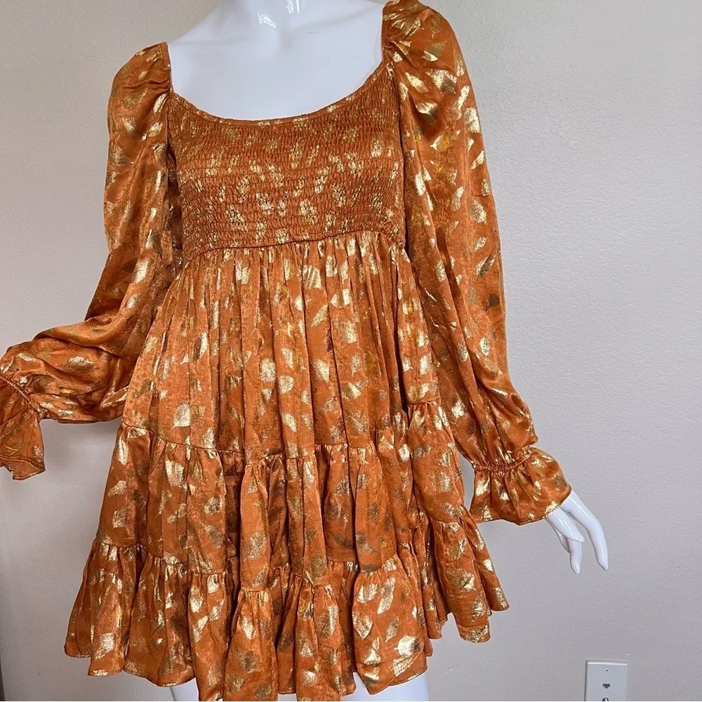 Aron Rust and Gold Velvet Smocked Mini Dress NWT - Picture 2 of 7